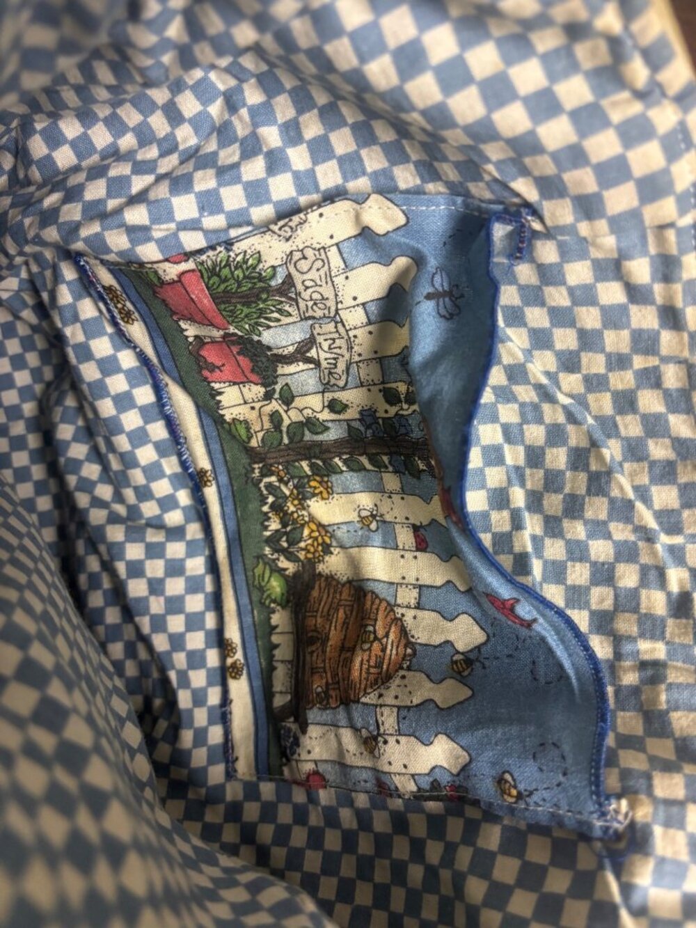 Vintage Cottagecore Garden Scene Purse Wood Bamboo Handles 10x11 Handmade Look - Picture 4 of 5